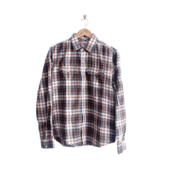Levi's Mens Pearl Snap Up Shirt Long Sleeve Modern Fit Plaid Blue Red Medium - Picture 1 of 8